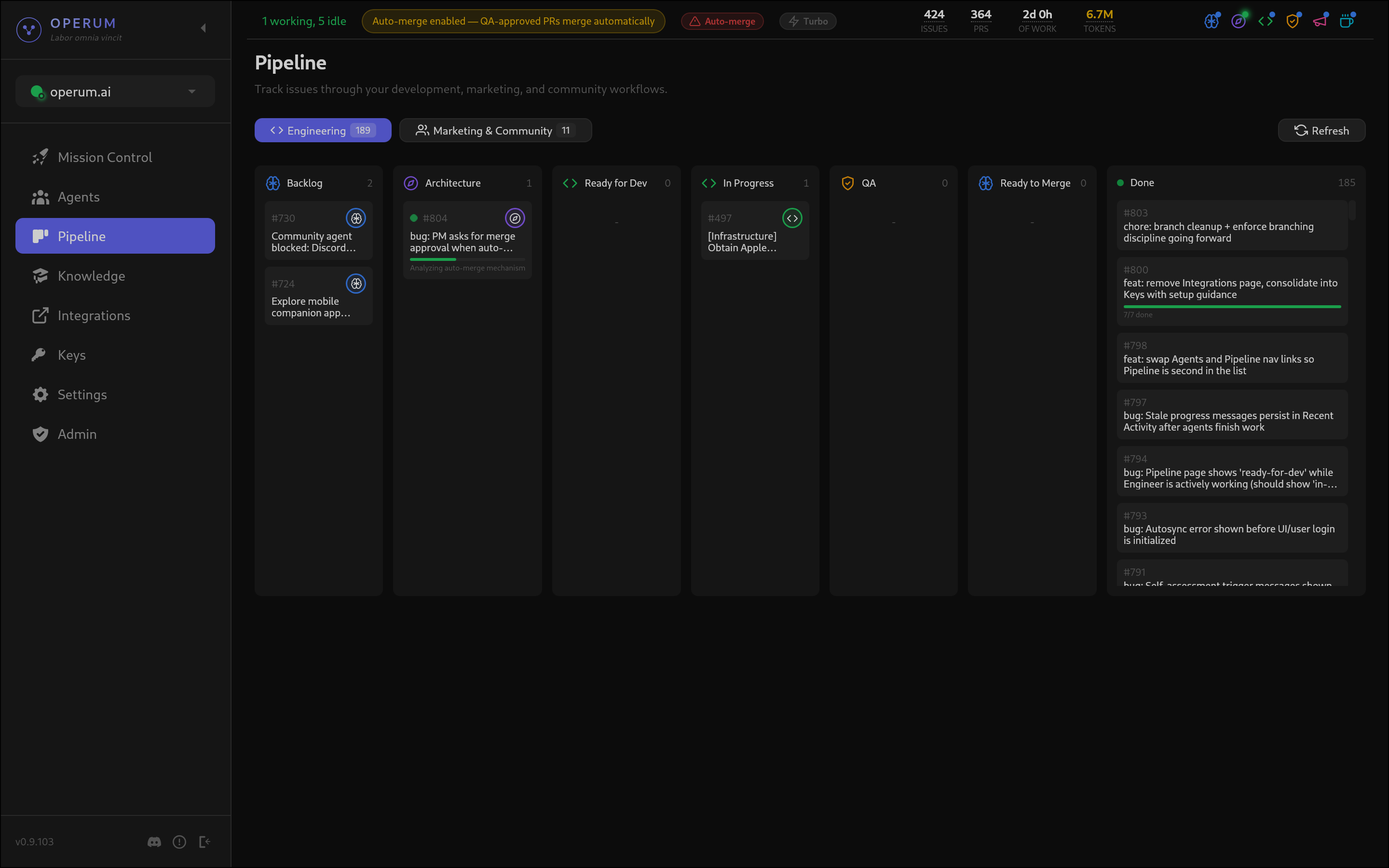 Operum Pipeline view showing issues flowing through Backlog, Architecture, Ready for Dev, In Progress, QA, Ready to Merge, and Done columns